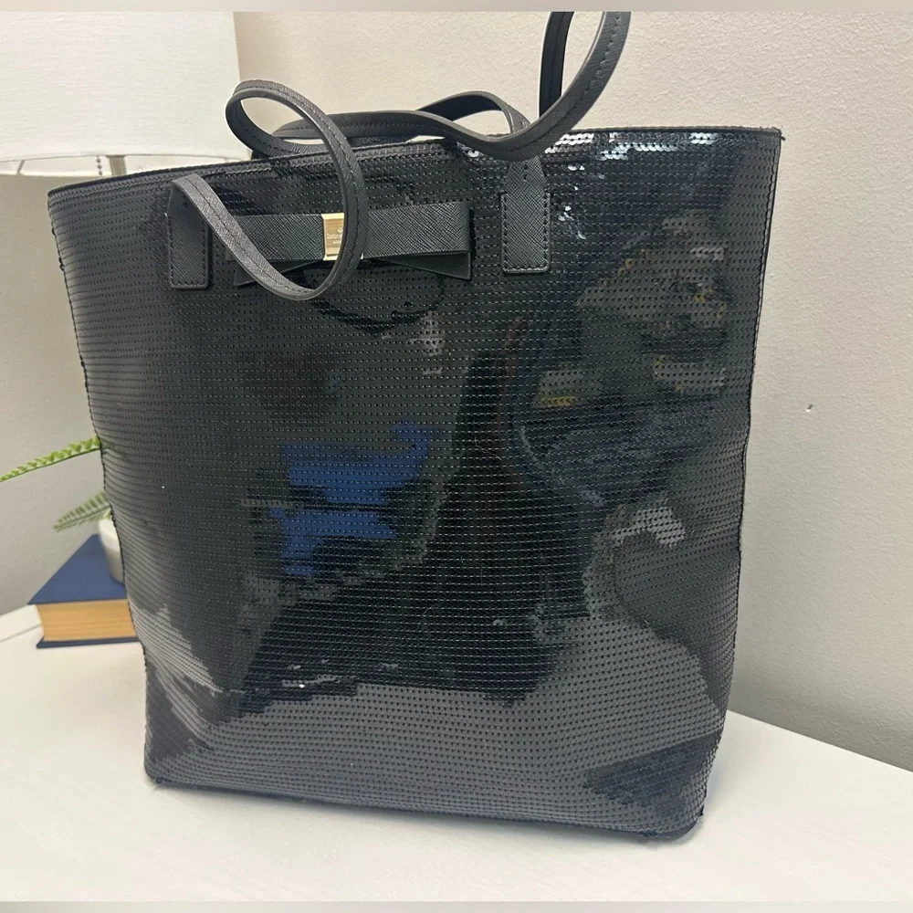 Kate Spade New York Black Sequin Salinas Bow Shopper Tote Handbag